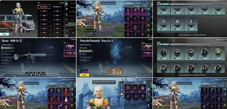 PGM512 Glacier M416 Level 1+Material, Groza Level 1, 2 Mythic Outfits, 39 Outfits, RP M19 Max, Multiple Vehicle Skins (G)